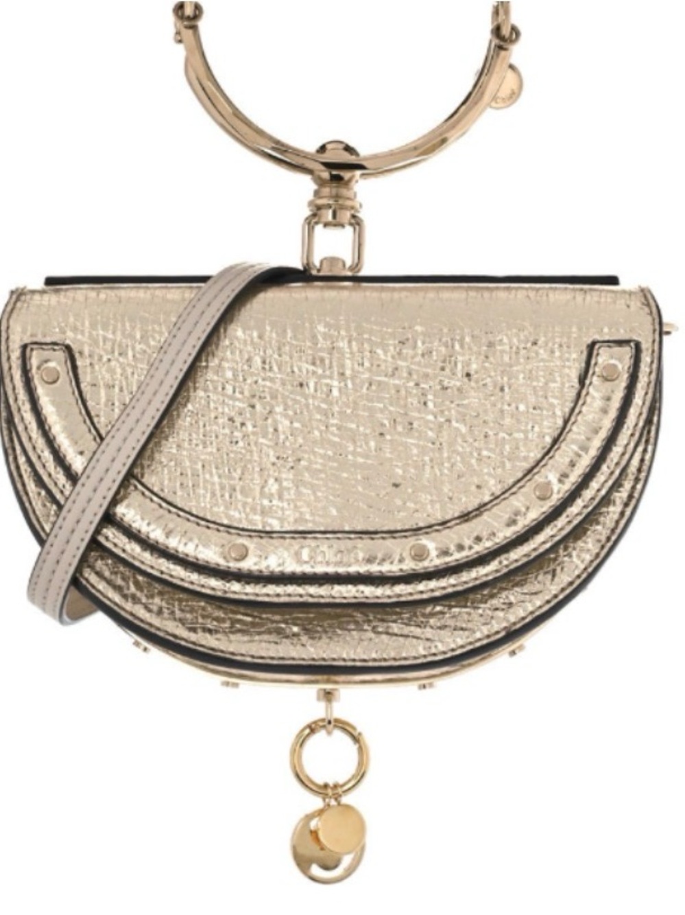 Chloe Nile Minaudiere Gold-Tone Bracelet Ring Handle Metallic Calfskin Half-Moon